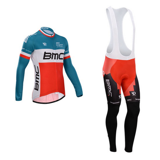 2014 Maillot BMC Tirantes Mangas Largas Azul Y Naranja